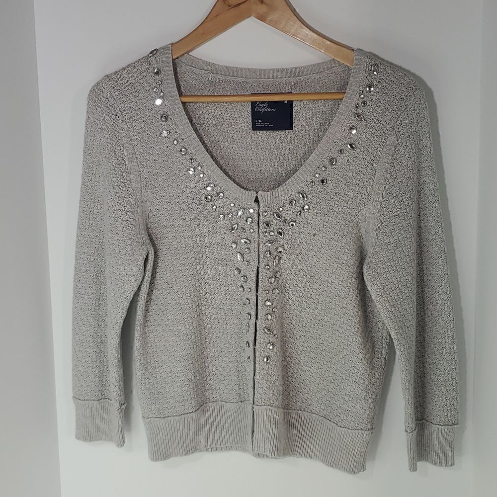 American Eagle Women's Beaded Cardigan Sweater Grey Size Large